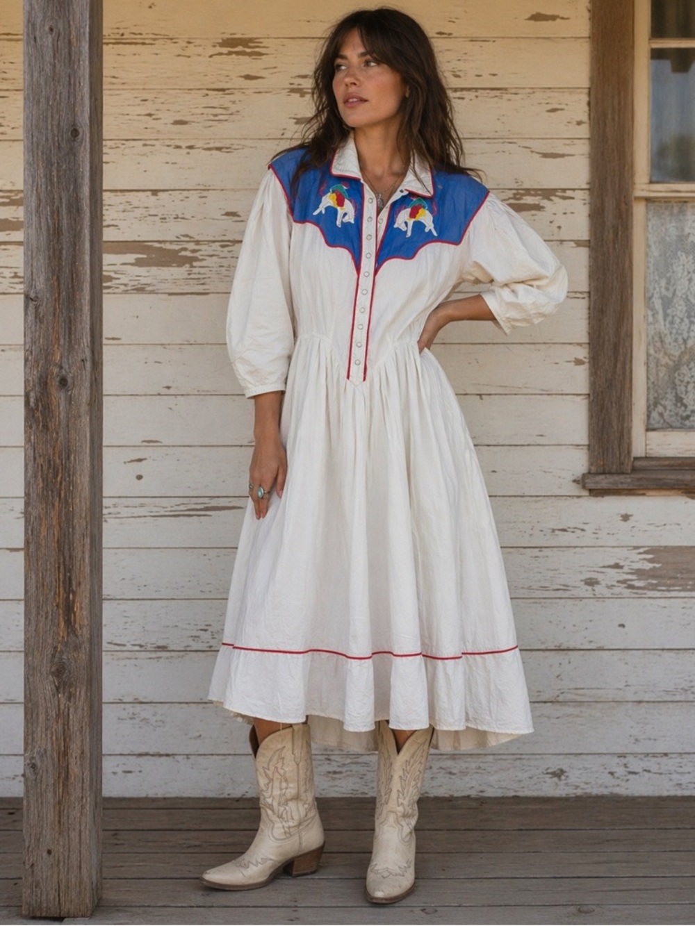 RARE Vintage 80s Karen Alexander "Rodeo Queen" Dress - Embroidered Horse Yoke